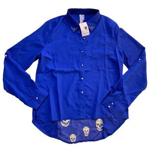 Women's Large Pink Owl Apparel Blue‎ Embellished Collar Sheer Top Long Sleeve